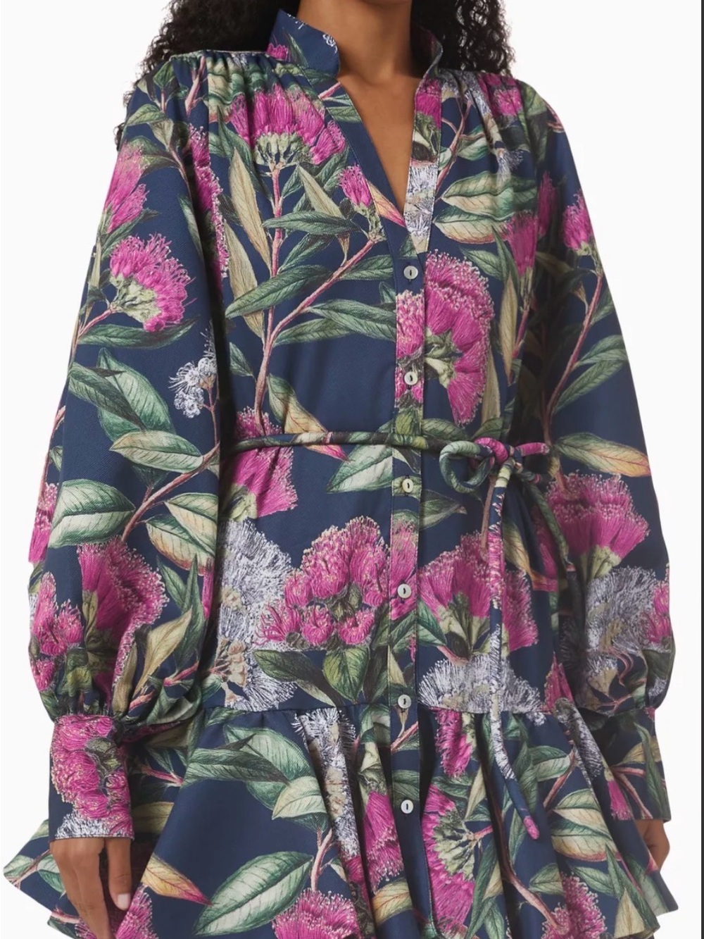 Beulah Navy Floral Button-Front Dress with Pink Blooms with belt